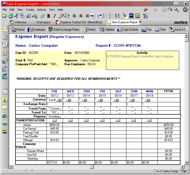 Lotus Notes Software - Expense Tracker - Specific expenses