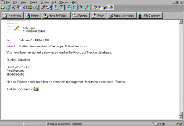 Lotus Notes Software - Prospect Tracker - Notification of sales lead