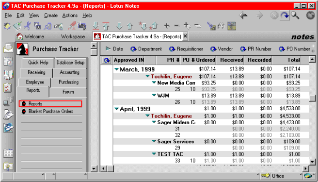 Lotus Notes Software - Purchase Tracker - Financial Reports