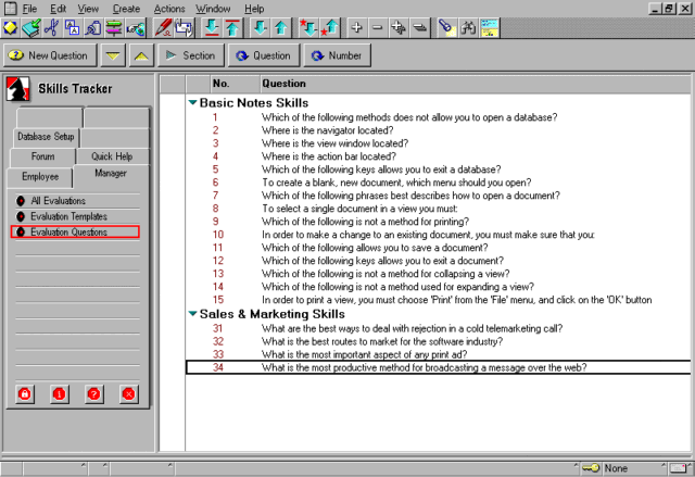 Lotus Notes Software - Skill Tracker sorts questions