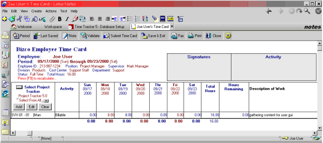 Lotus Notes Software - Time Tracker - Time Card