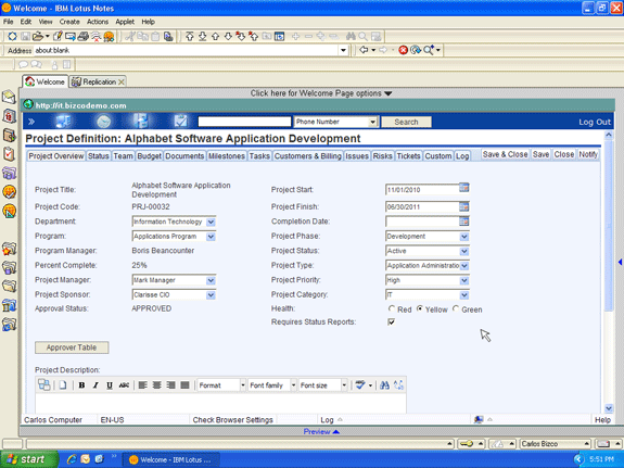Project definition documents within Lotus Notes