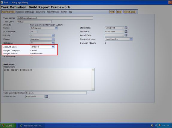 Assign account codes to tasks, marking them as capital or non-capital work.